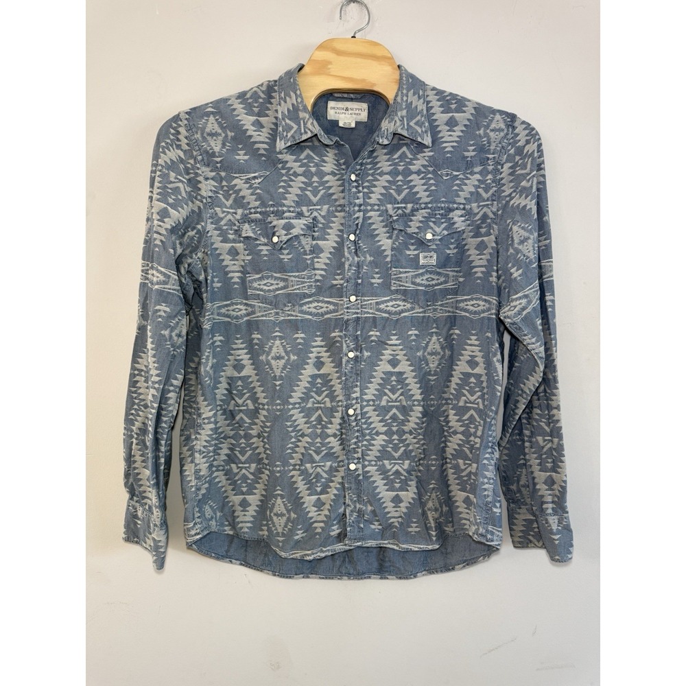 DENIM & SUPPLY Ralph Lauren Chambray Aztec Pearl Snap Shirt Sz XXL Blue Navajo